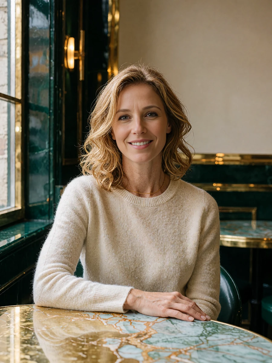 Woman with honey-blonde waves in an ivory cashmere sweater at a marble café table, demo Chicago profile photo