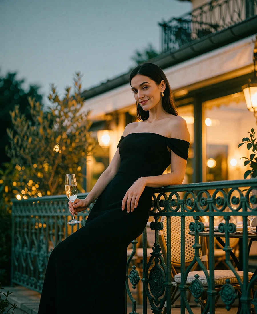 Woman in a black gown holding a champagne flute on a restaurant terrace balcony at dusk, demo profile photo