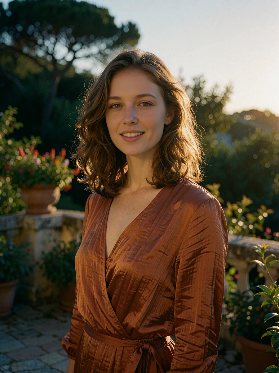 Woman with wavy hair in a rust-toned silk wrap dress standing on a golden-hour garden terrace, illustrative Atlanta member profile photo