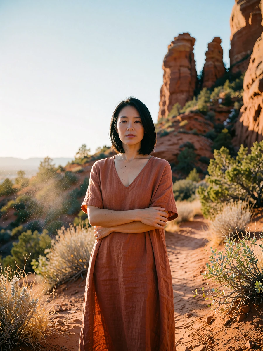 Woman in a terracotta linen dress on a desert trail overlook near Phoenix at golden hour, illustrative profile