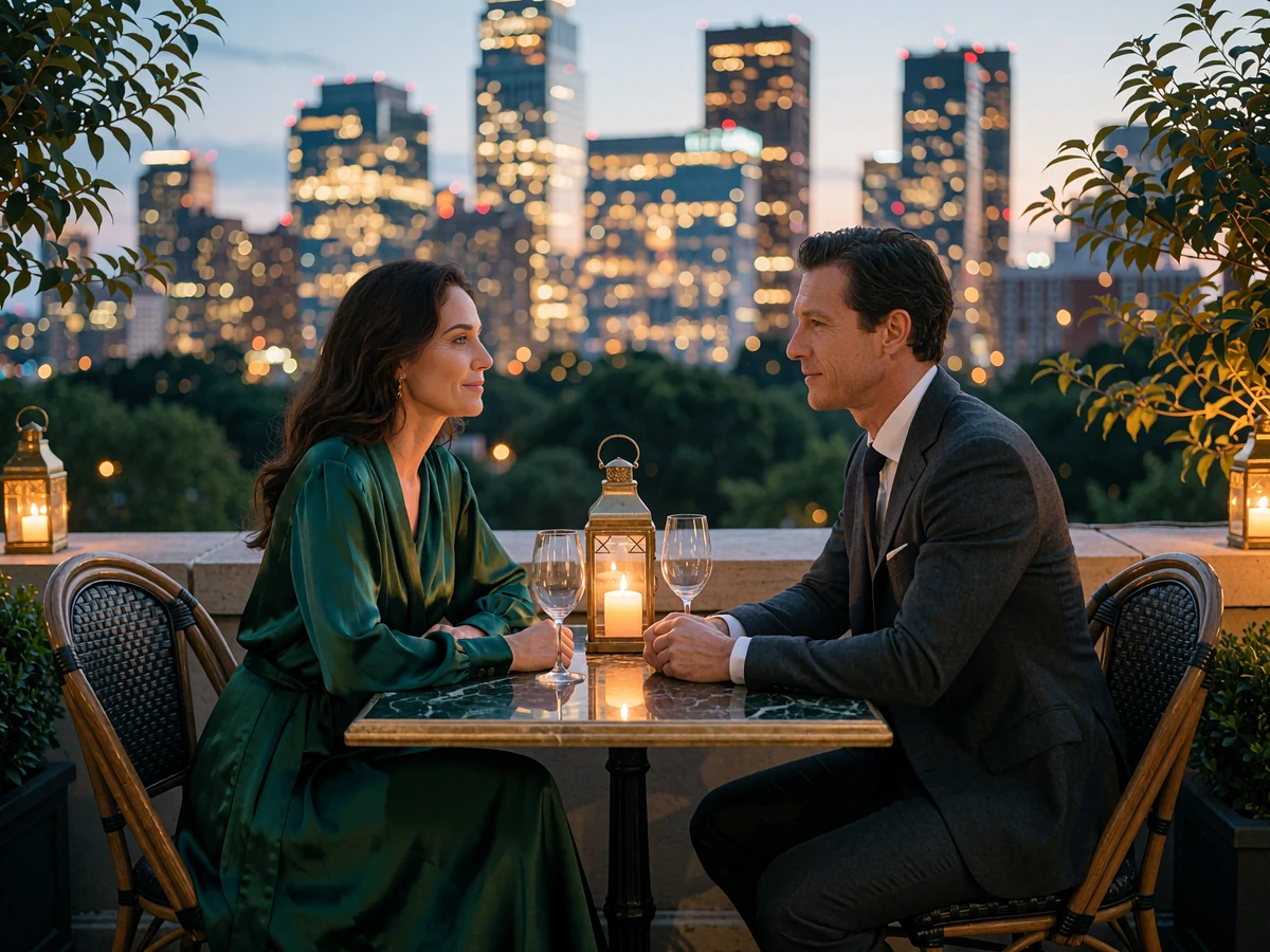 Woman in a deep green silk dress and a man in a charcoal suit sharing dinner at a rooftop restaurant table above the Atlanta skyline at dusk