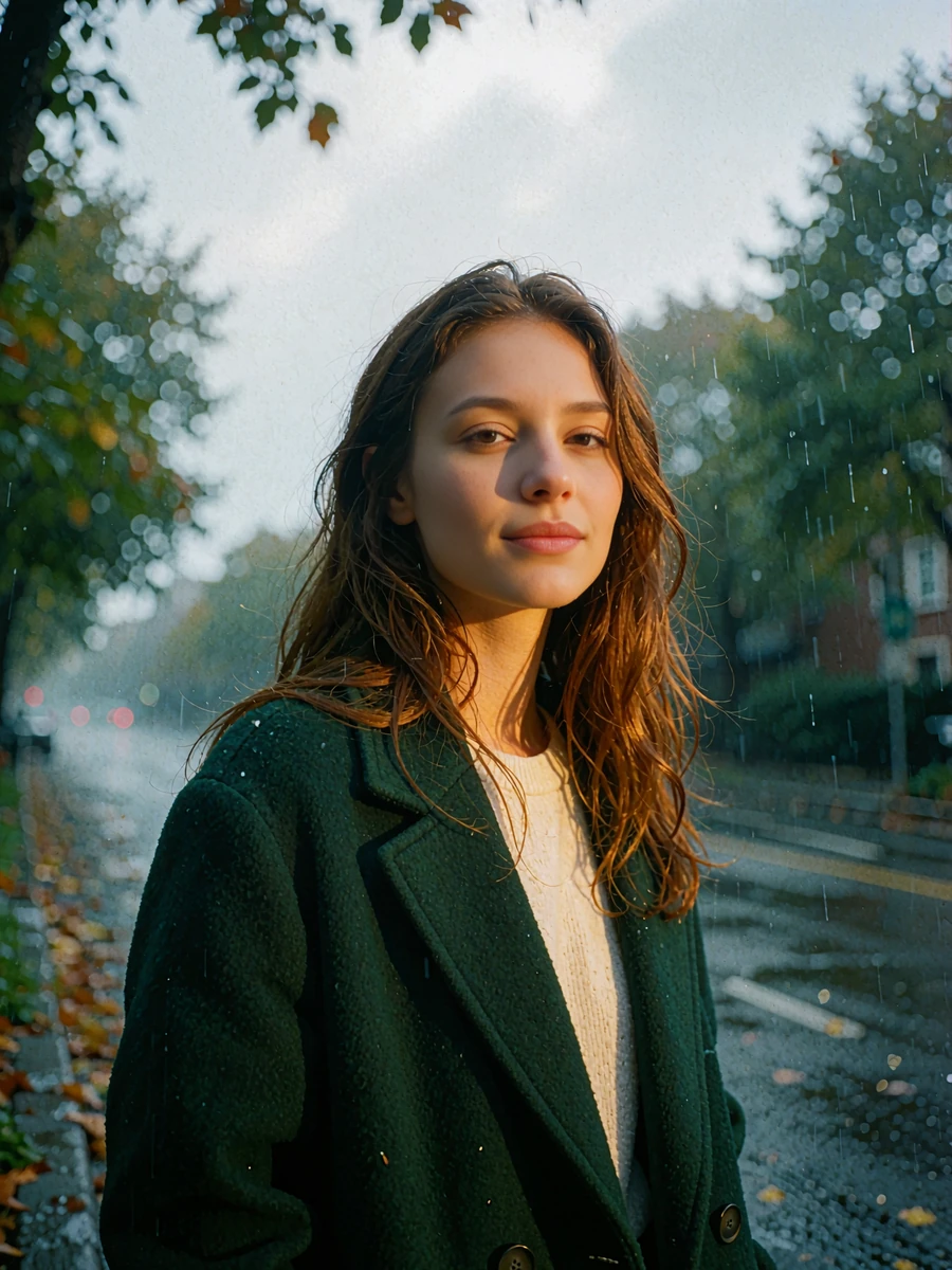 Woman with chestnut hair in a forest-green wool coat on a tree-lined Portland street, illustrative sugar baby profile
