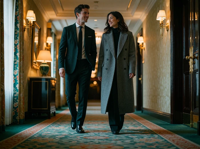 Couple walking together down a long carpeted hotel corridor lined with warm wall sconces