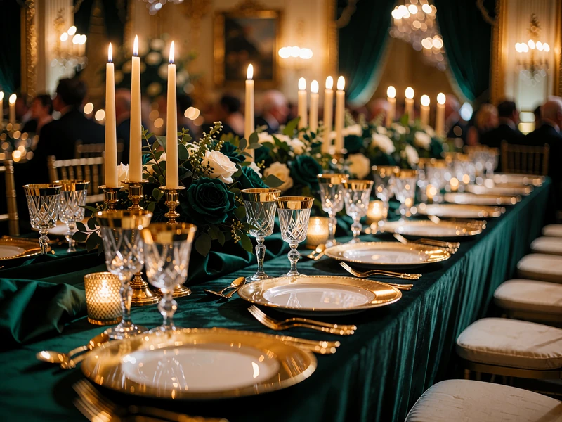 Formal gala banquet table with gold-rimmed charger plates, candles and crystal stemware