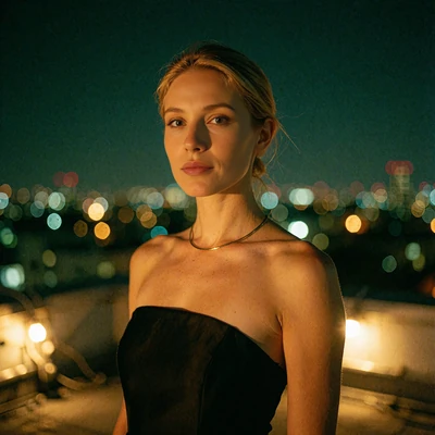 Illustrative avatar of a woman in a black dress on a rooftop representing a long-term Dallas arrangement scenario