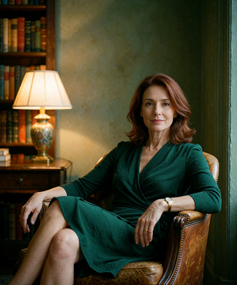 Poised woman in a deep emerald wrap dress seated in a hotel library lounge, illustrative sugar mama testimonial