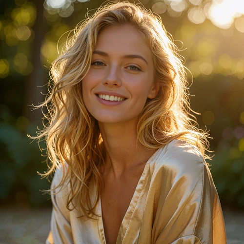 Young woman with sun-lit blonde waves smiling in warm garden light, illustrative Orlando member avatar
