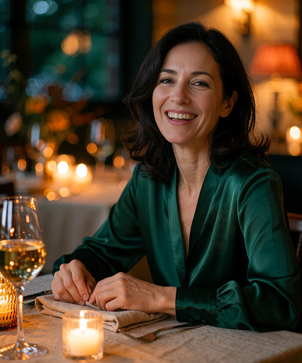Woman in a deep green satin blouse laughing softly at a candlelit restaurant table