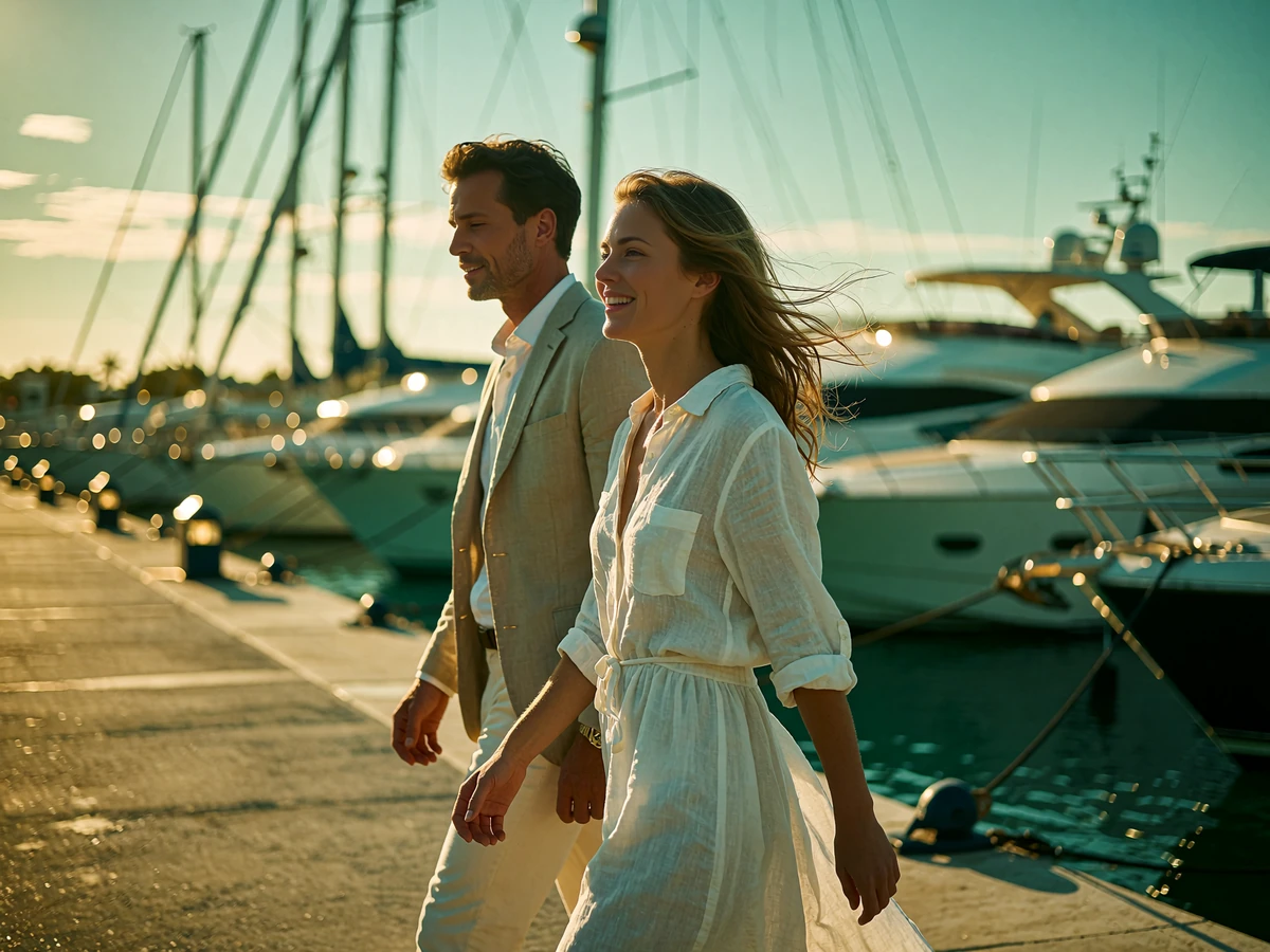 Well-dressed couple walking together along a San Diego marina boardwalk lined with yachts in late afternoon light
