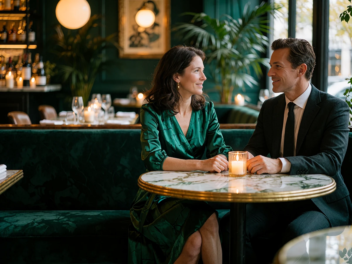 Couple in warm conversation across a marble table at an upscale restaurant lit by candlelight