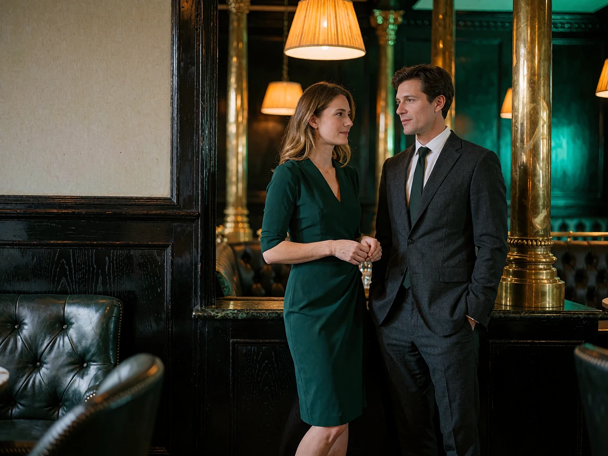 Couple in evening attire standing together in a dark-panelled upscale Chicago hotel lounge with brass details