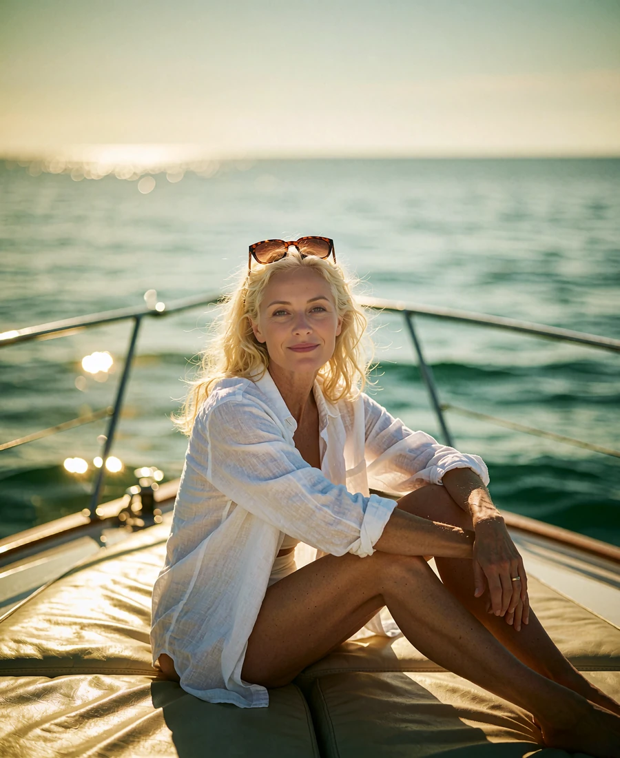 Radiant woman in a white linen shirt seated on the bow of a private yacht, illustrative cougar profile photo