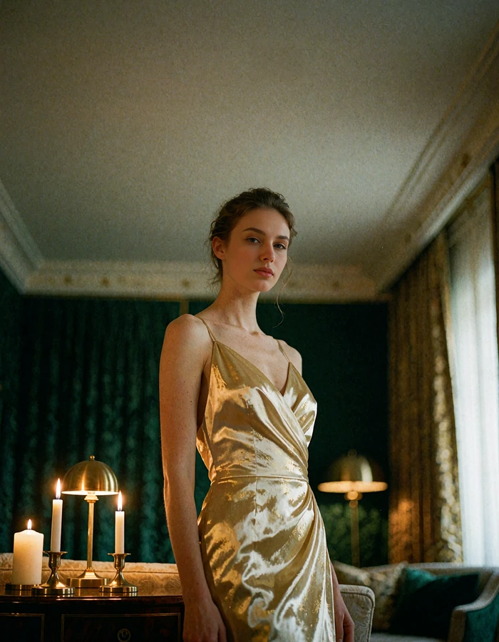 Elegant woman in a champagne-gold silk gown standing at the window of a luxury hotel suite
