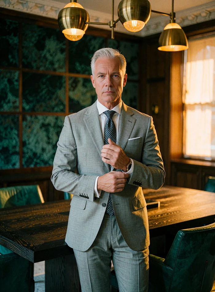 Silver-haired man in a tailored grey suit beside a timber table in a private Dallas office, illustrative benefactor profile