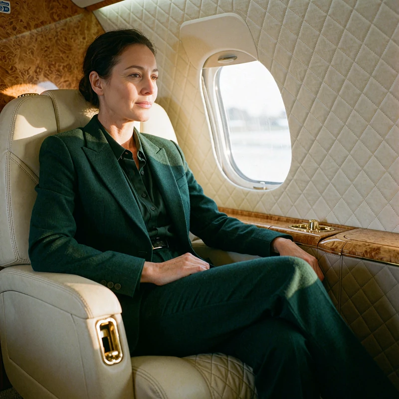 Composed woman in a tailored dark green travel suit seated in a private jet cabin turned toward the window