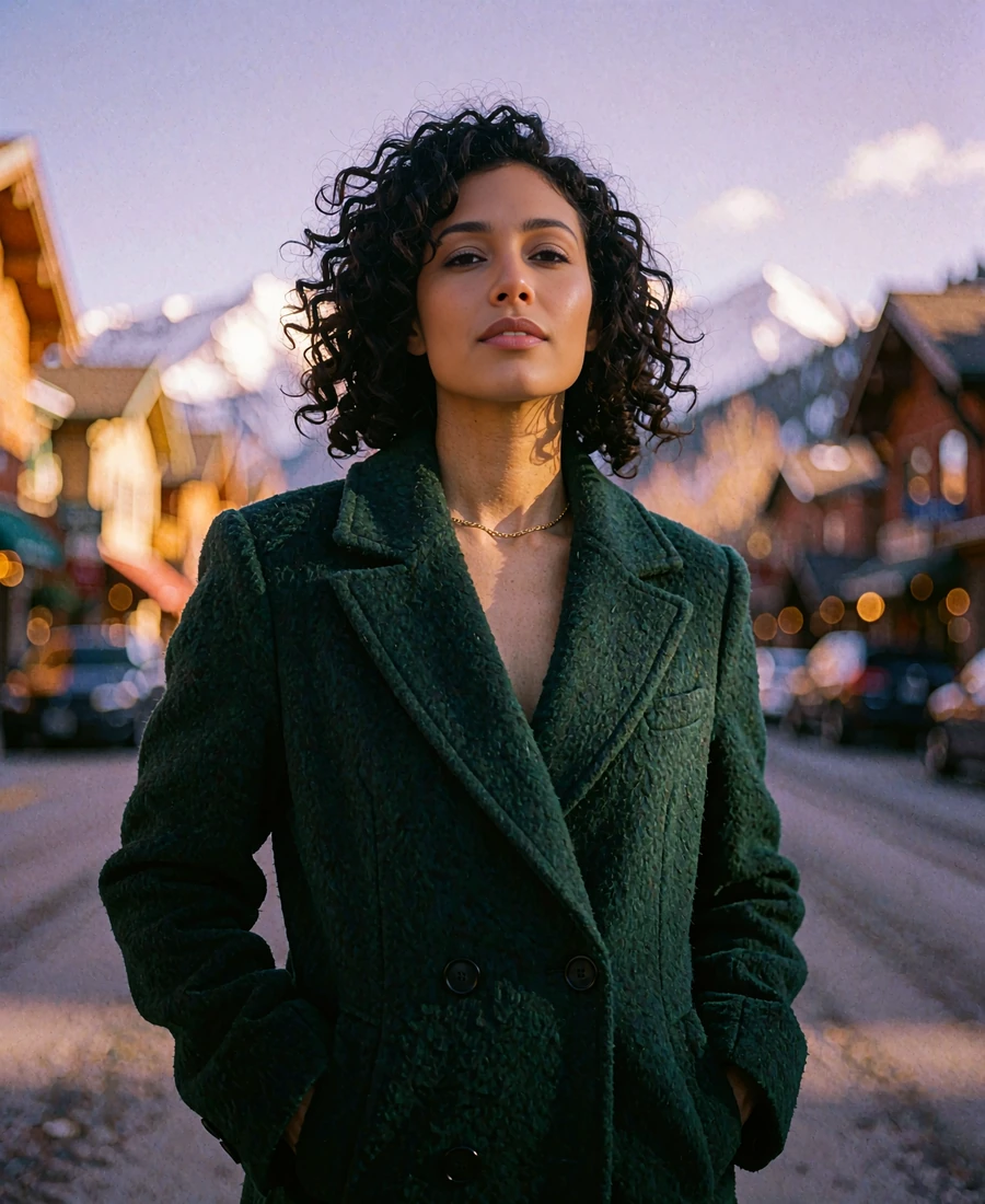 Woman with dark curls in a forest-green wool coat on a Denver street at dusk, demo member portrait