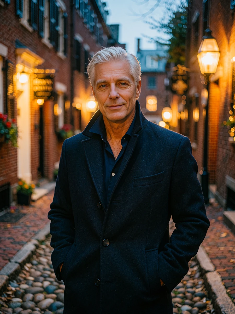 Silver-haired man in a navy wool overcoat on a cobbled Beacon Hill sidewalk at dusk, illustrative member profile