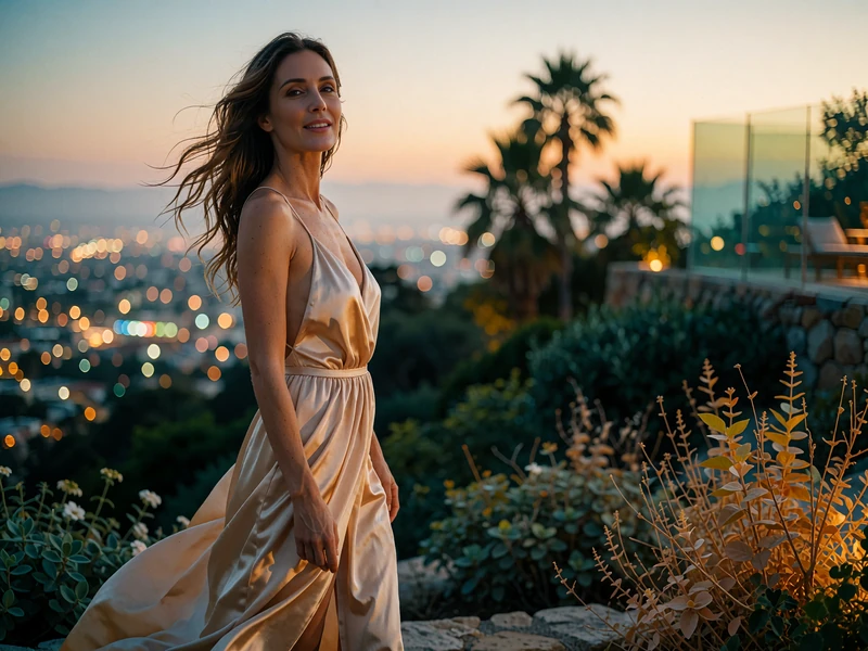 Glamorous woman in a champagne silk dress on a hillside terrace above the city lights of Los Angeles at golden hour