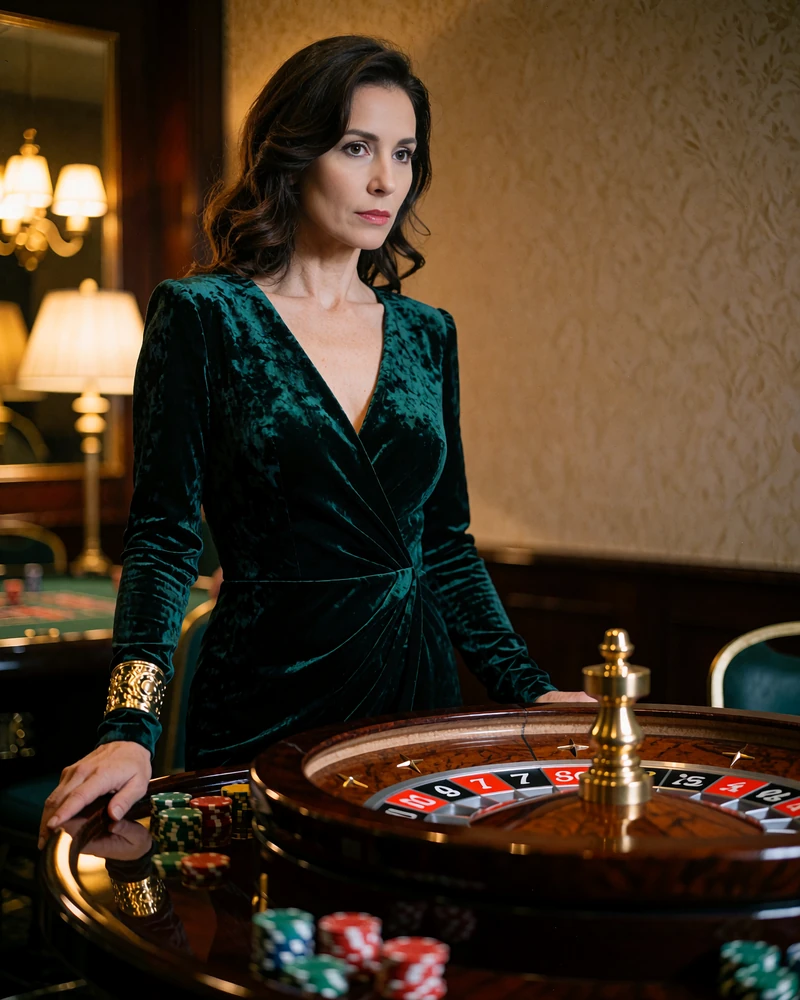 Poised woman in an emerald velvet gown standing beside a roulette table in a private gaming room