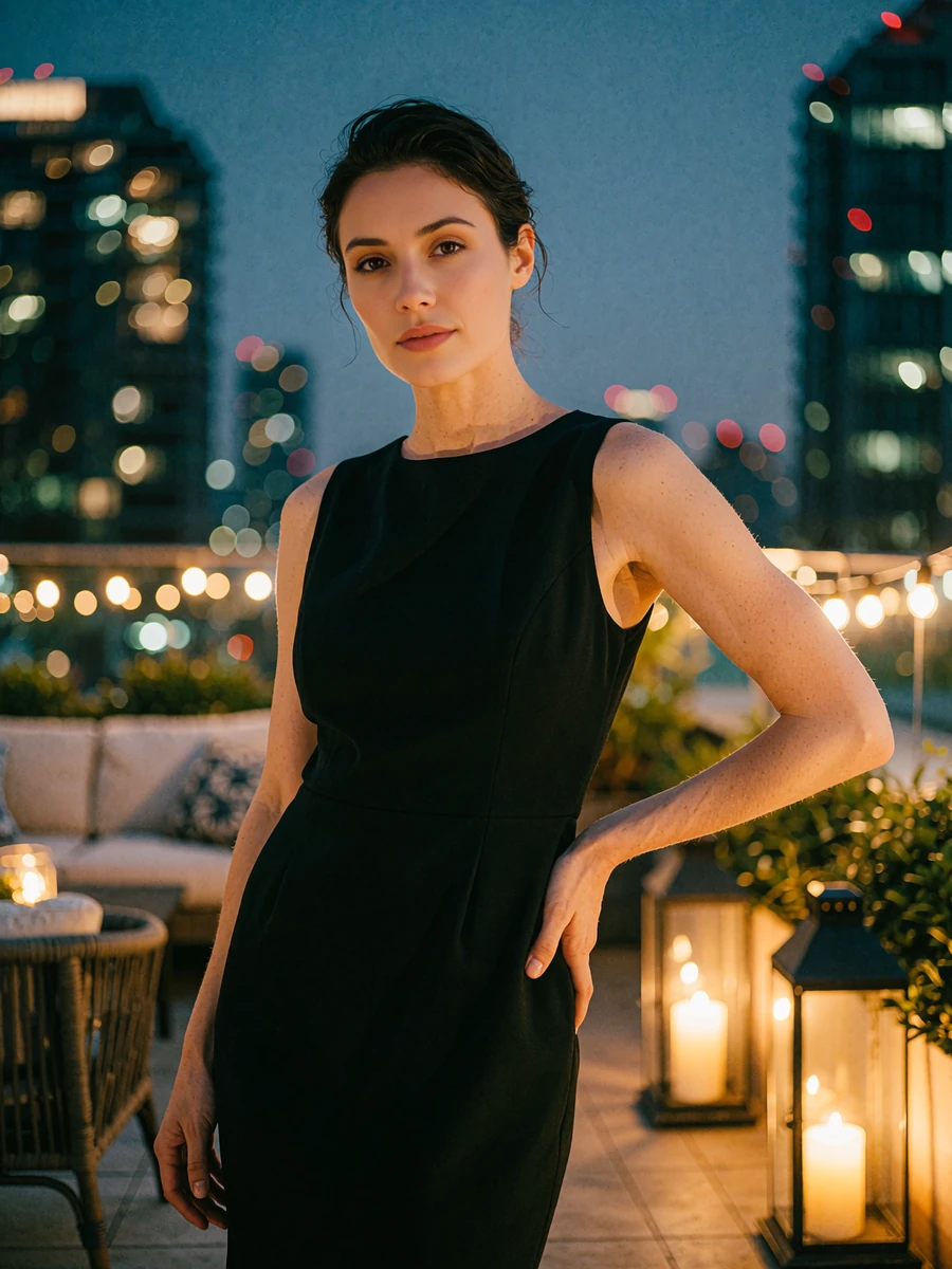 Woman with sleek dark hair in a black tailored evening dress on a Chicago rooftop lounge at dusk, illustrative profile