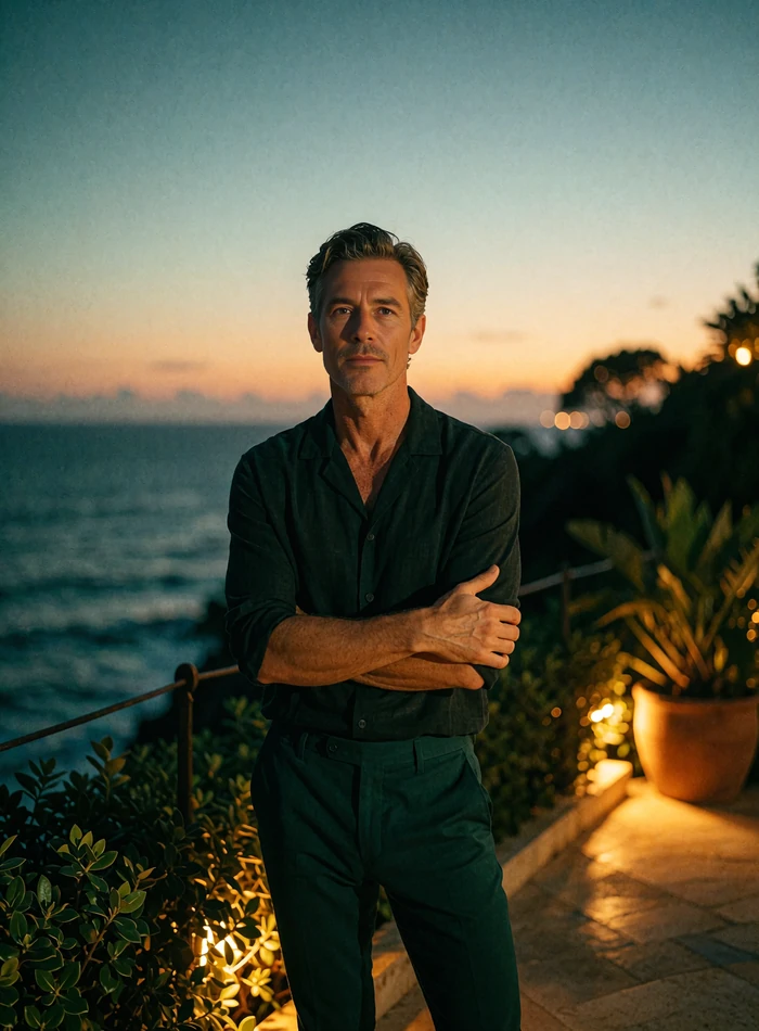 Distinguished man in a dark open-collar shirt on a clifftop terrace at dusk, illustrative San Diego benefactor profile