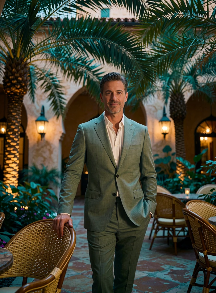 Man in a tailored stone-grey suit standing in a palm-shaded hotel courtyard, illustrative San Diego benefactor profile