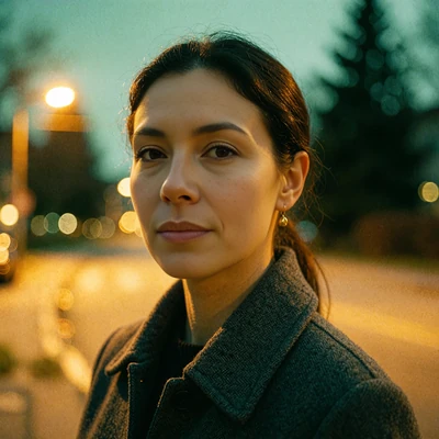 Woman in a charcoal coat outdoors at dusk, illustrative Seattle member avatar