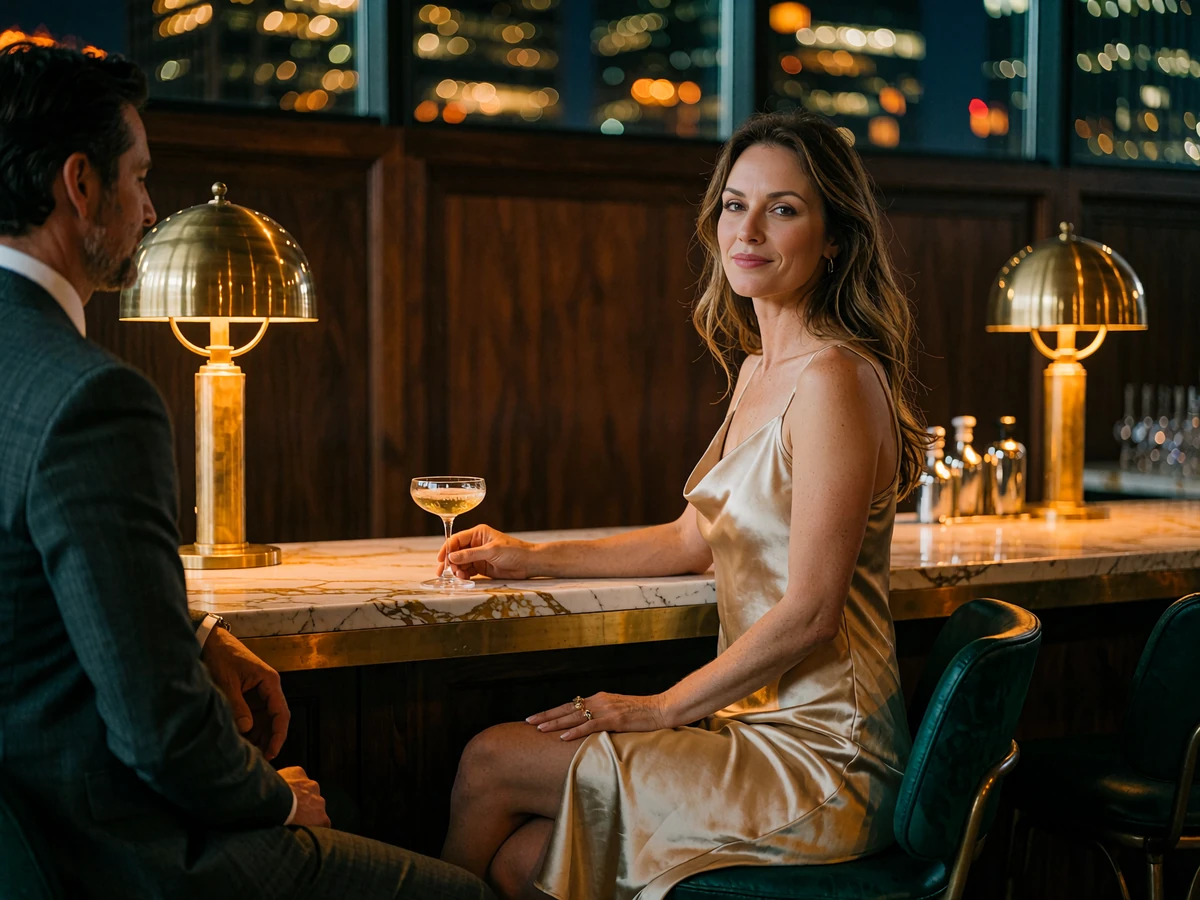 Woman in a champagne-gold satin dress seated at a marble rooftop bar overlooking the Nashville skyline at night