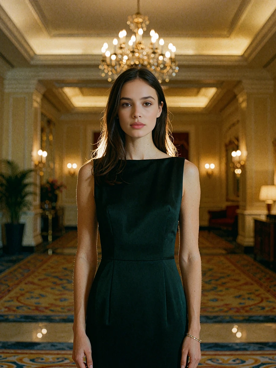 Woman with sleek dark hair in a minimal black gown in a Denver hotel ballroom foyer, demo member portrait