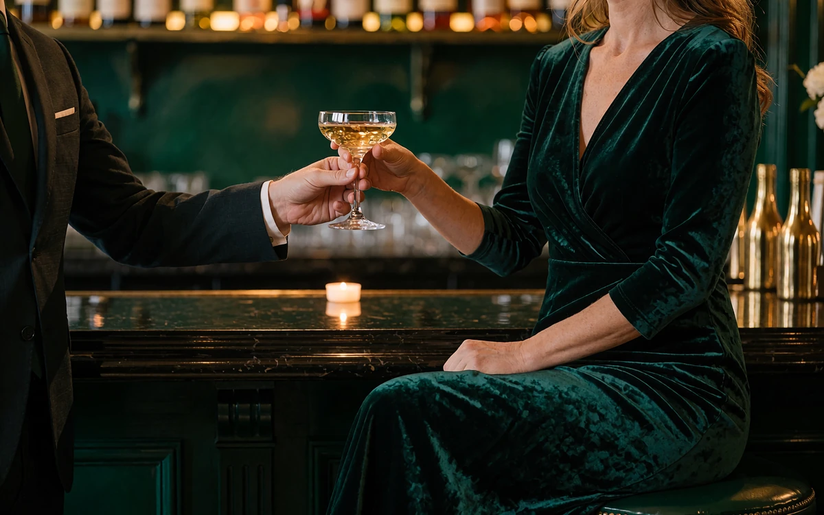 Woman in an emerald dress accepting a coupe glass at a dark hotel bar, sugar daddy dating category