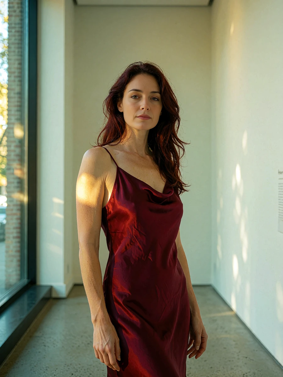 Woman with dark auburn hair in a ruby silk slip dress in a minimal art gallery corridor, demo Chicago member portrait