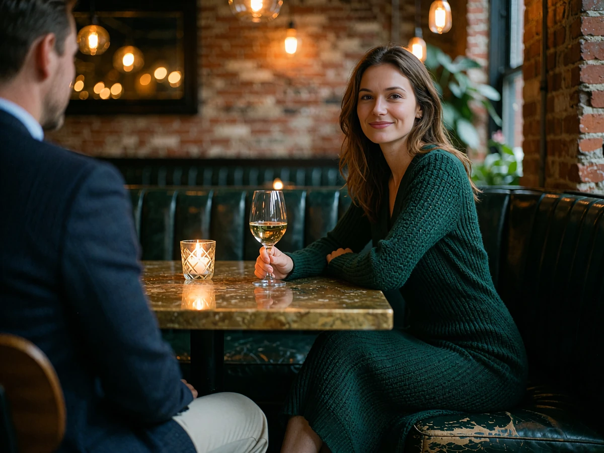 Woman in an emerald knit dress at a candlelit chophouse table in Denver with a companion seated across from her