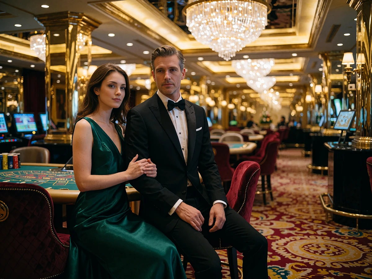 Couple in evening wear standing together in an opulent private casino lounge in Las Vegas beneath a crystal chandelier