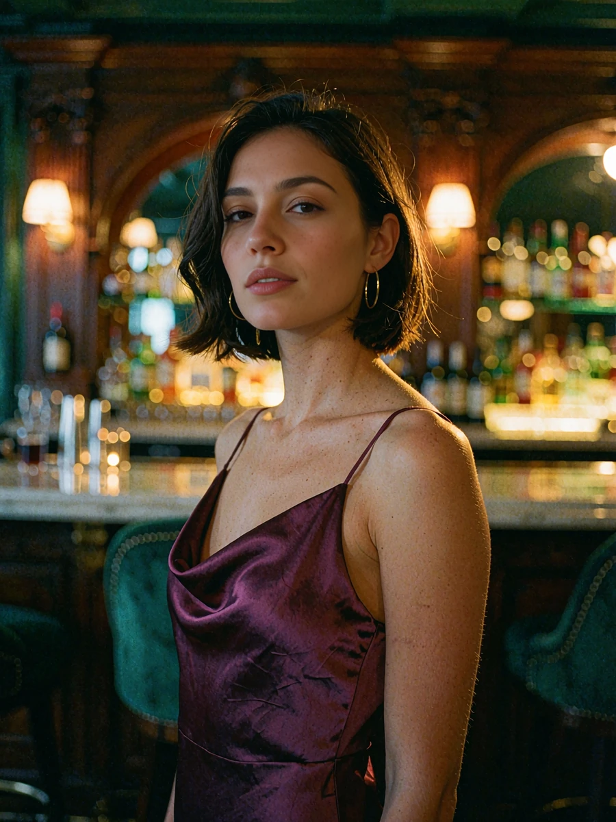 Woman with a dark bob in a plum satin dress at a Portland cocktail bar, illustrative sugar baby profile