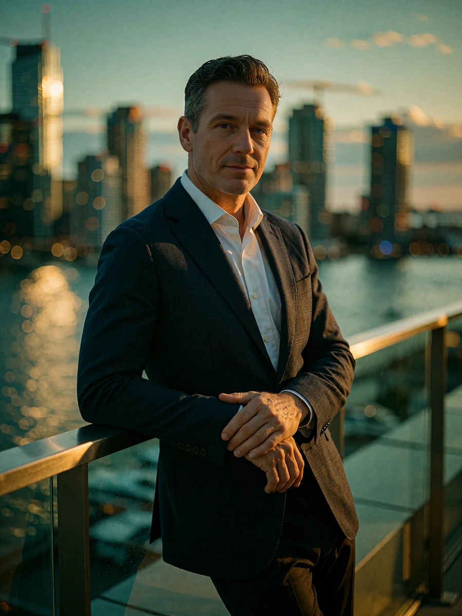 Man in a navy blazer on a downtown rooftop terrace at evening, demo Boston benefactor member portrait