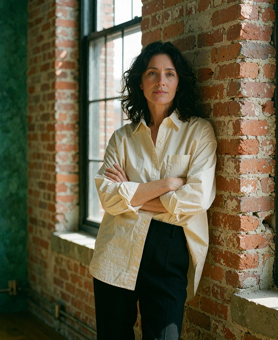 Woman in an oversized cream shirt leaning against a brick loft wall, illustrative mature dating profile portrait