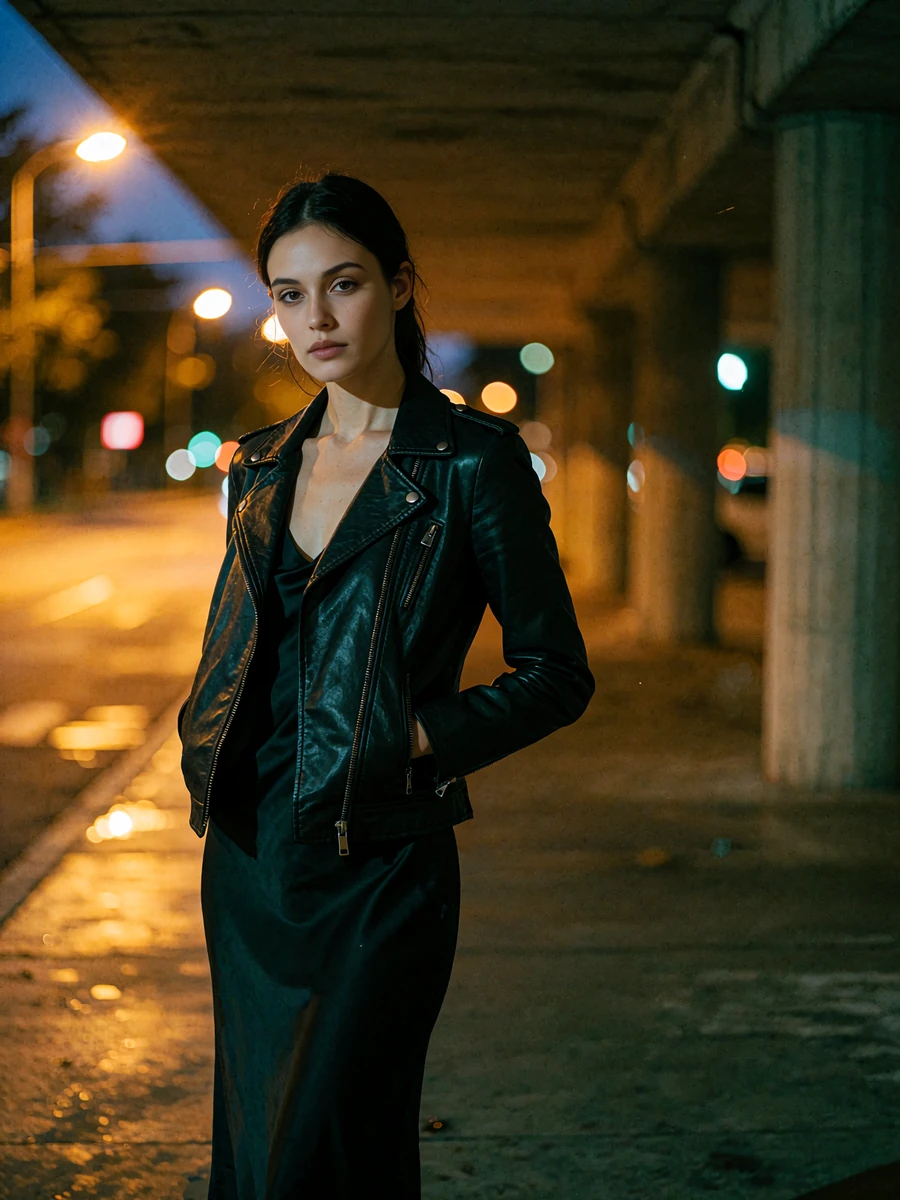 Woman with sleek dark hair in a fitted black leather jacket under a covered walkway at dusk, illustrative sugar baby profile