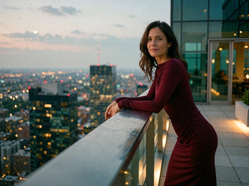 Woman in a fitted burgundy dress leaning on a rooftop terrace railing at dusk with a city skyline behind her