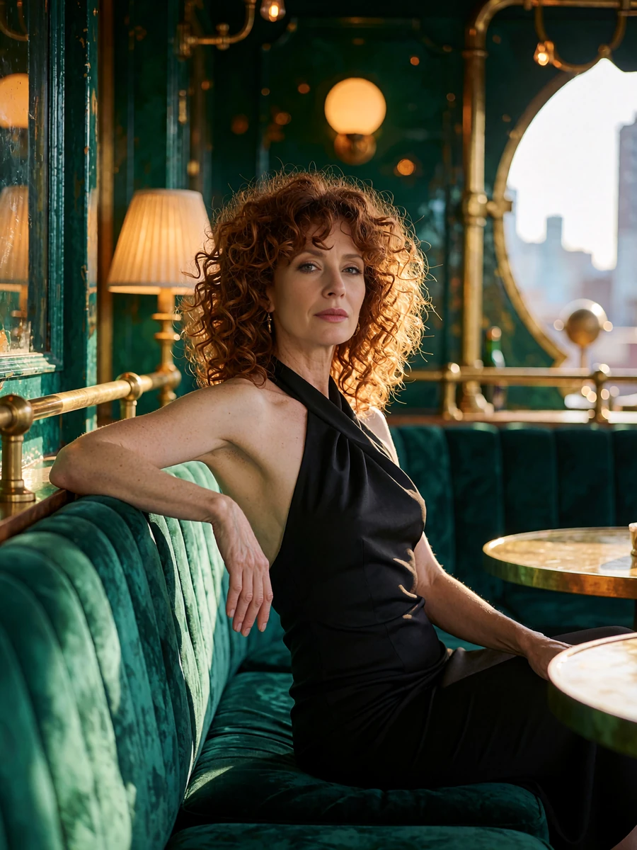 Woman with curly auburn hair on a velvet banquette in a rooftop lounge, illustrative Miami cougar profile