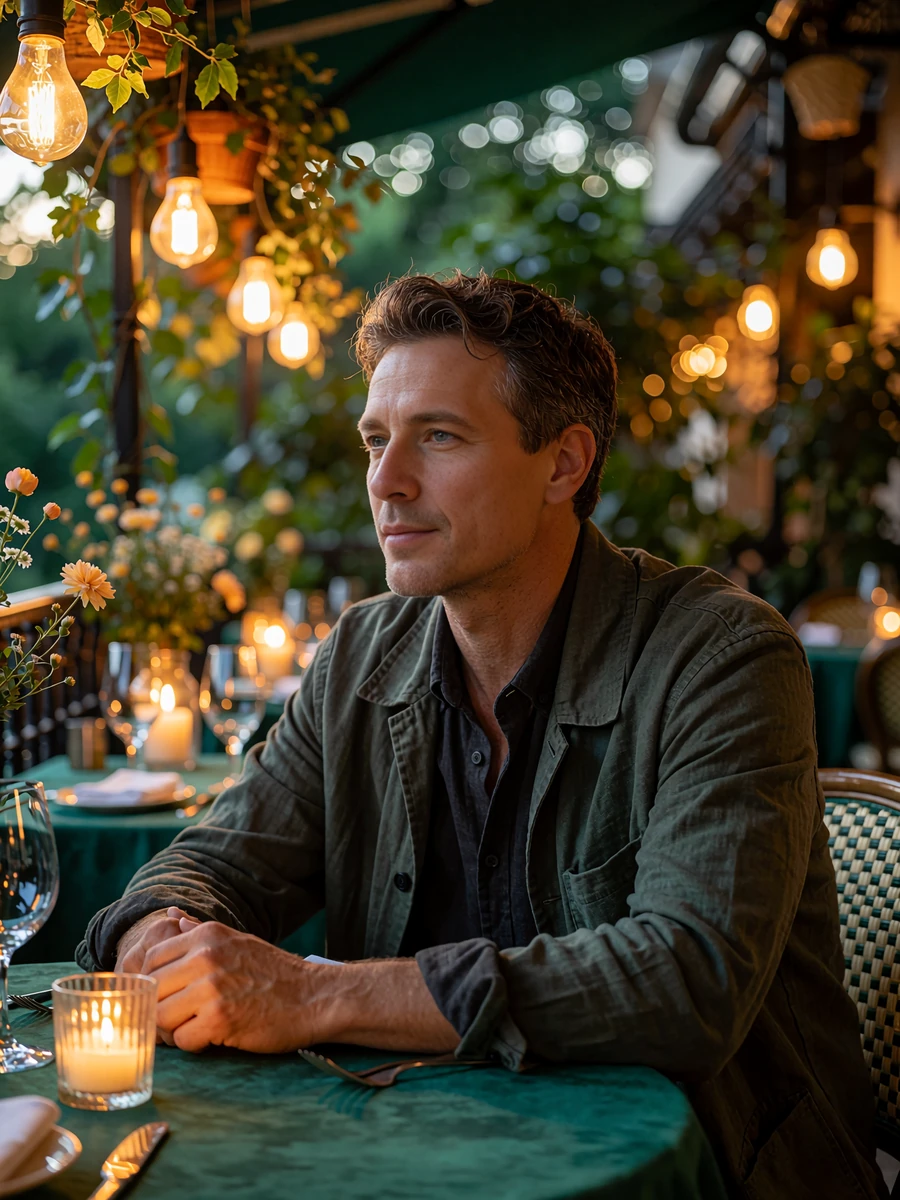 Man in a charcoal jacket at a candlelit restaurant terrace table in Orlando, illustrative member profile portrait