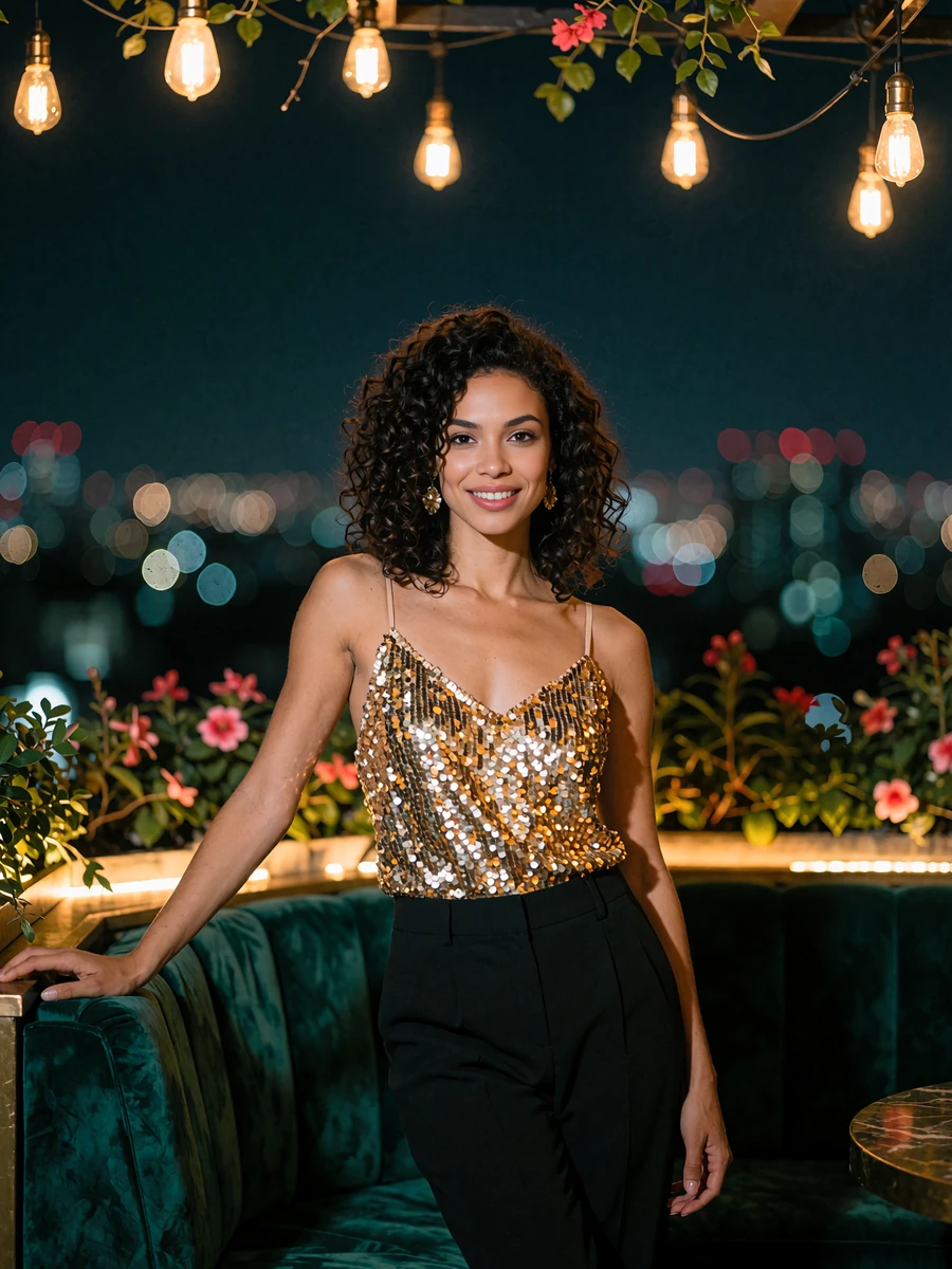 Young woman with dark curly hair in a gold sequinned top at a rooftop bar at night, illustrative member profile photo