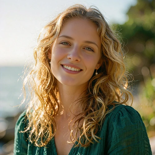 Close portrait of a young woman with sun-lightened wavy hair, illustrative Tampa member avatar