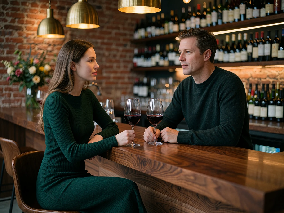 Woman in an emerald knit dress and a man in a cashmere sweater sharing wine at a walnut bar counter in Denver