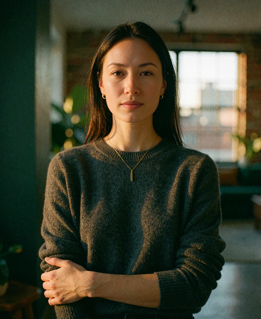 Woman in a charcoal cashmere knit with a slim gold pendant in a softly blurred Seattle loft interior, demo member portrait