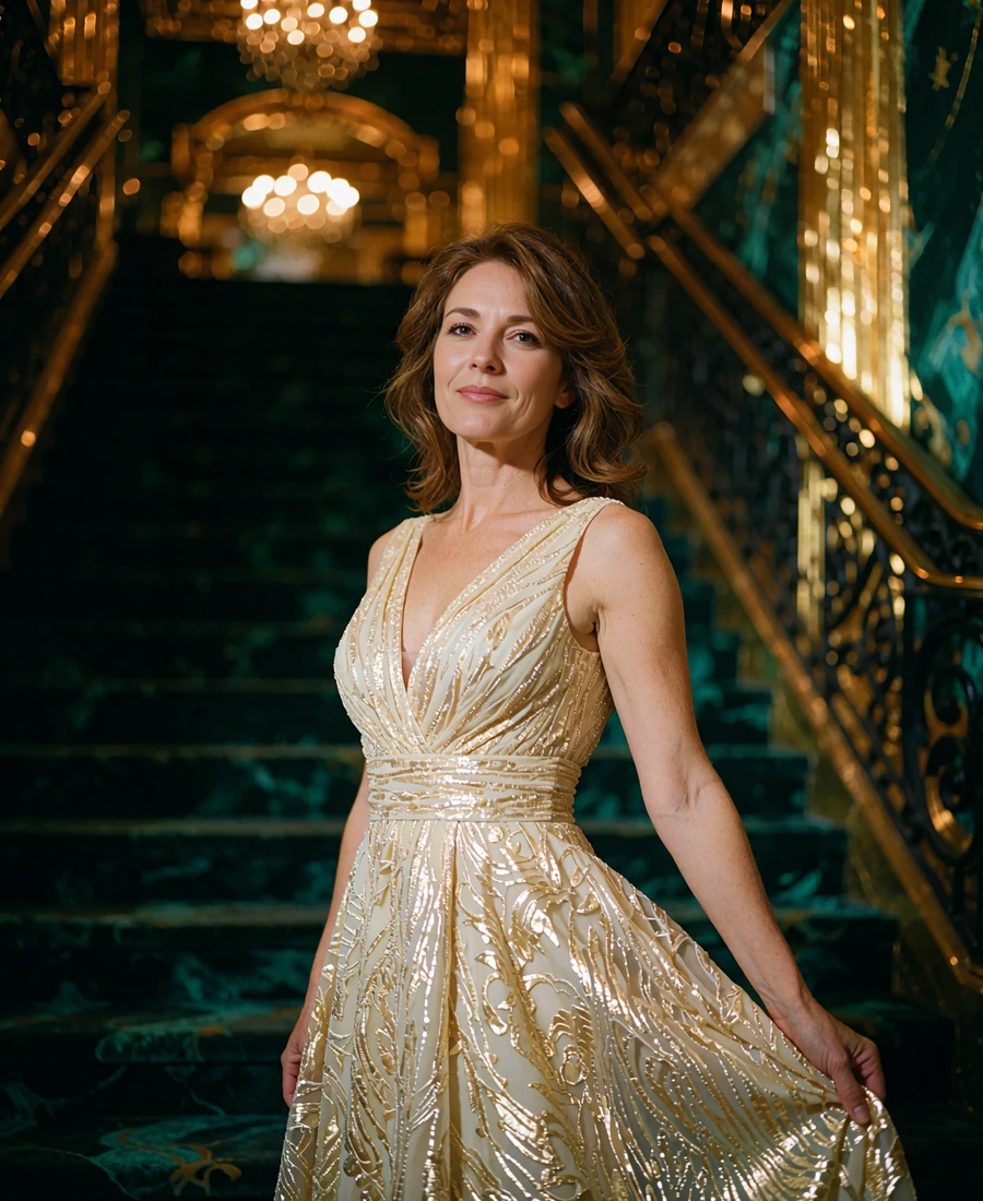 Woman with soft chestnut hair in a shimmering pale-gold evening gown on a grand staircase, demo Houston member portrait