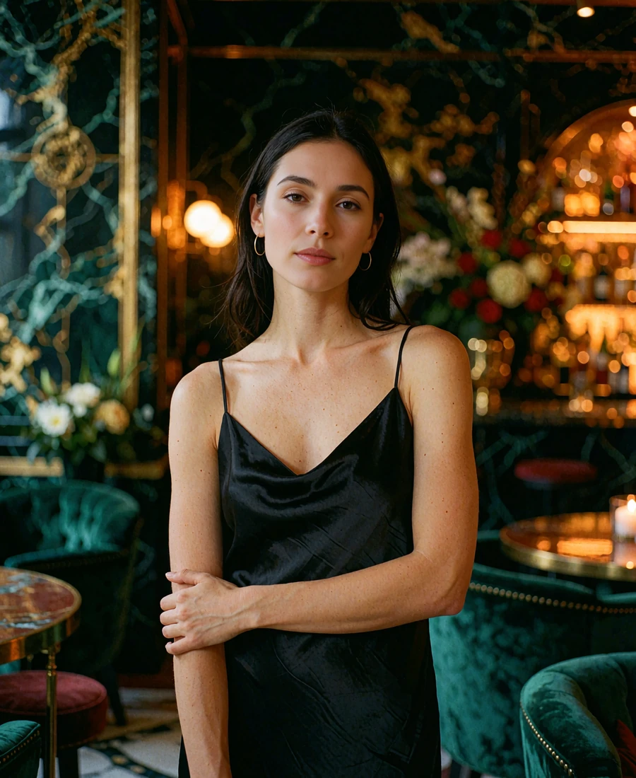 Woman with sleek dark hair in a black silk slip dress in a dim Columbus gallery-district lounge, demo member portrait